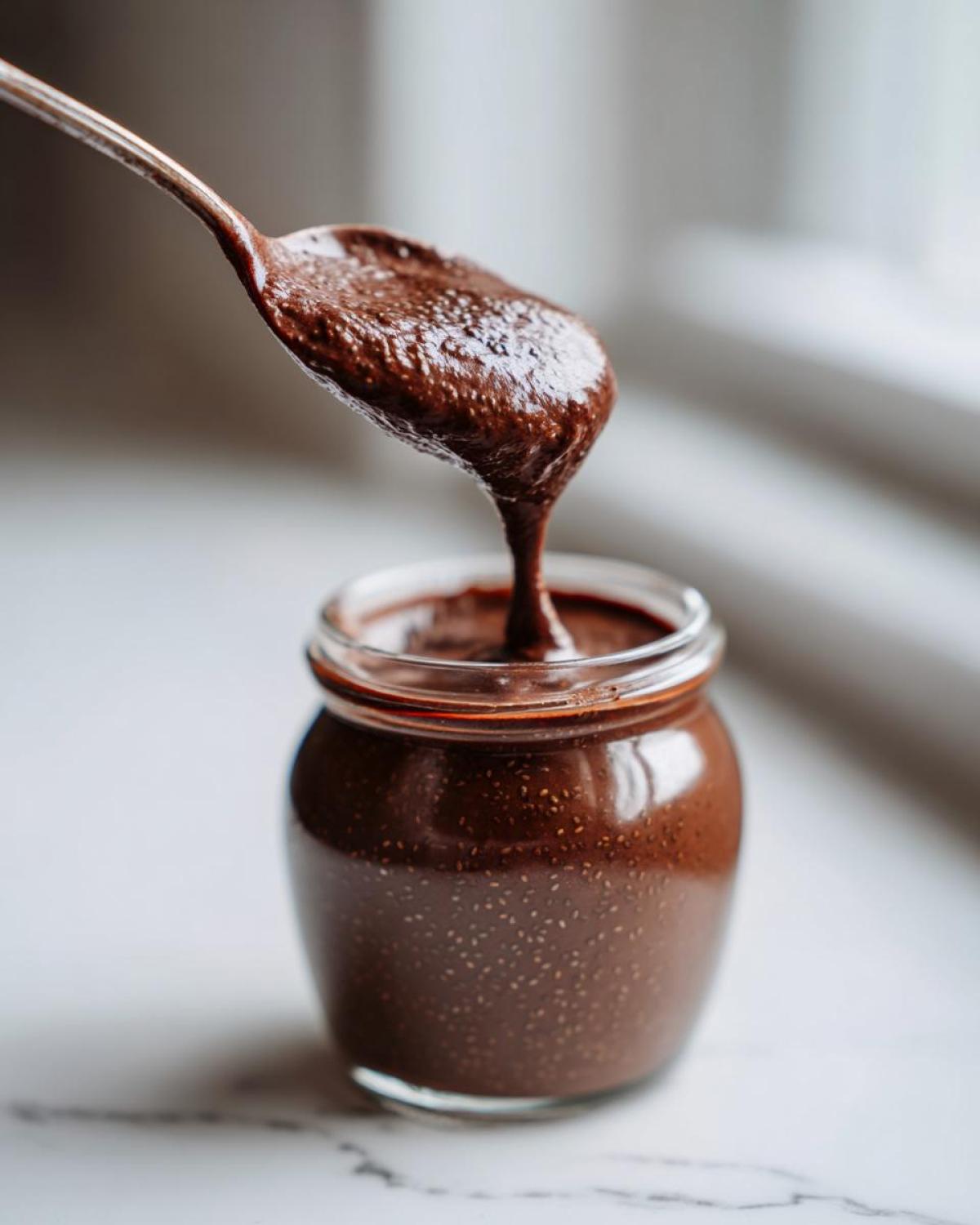 A spoonful of thick Vegan Chocolate Chia Pudding dripping back into a glass jar.
