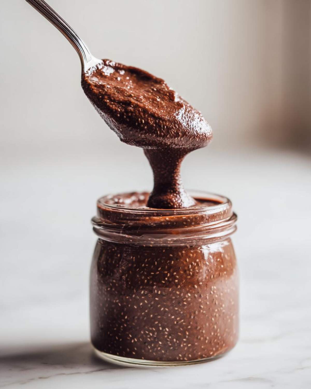 A spoonful of thick Vegan Chocolate Chia Pudding being lifted from a glass jar showing its rich texture.
