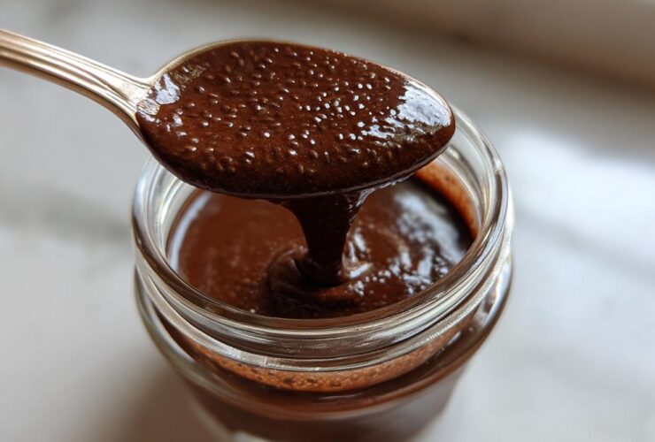 A spoonful of thick, dark Vegan Chocolate Chia Pudding being lifted from a small glass jar.