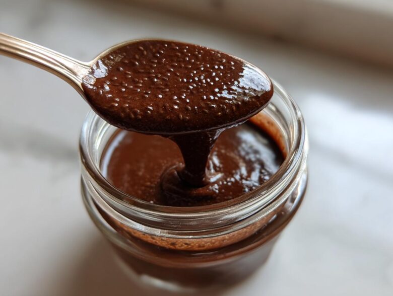 A spoonful of thick, dark Vegan Chocolate Chia Pudding being lifted from a small glass jar.