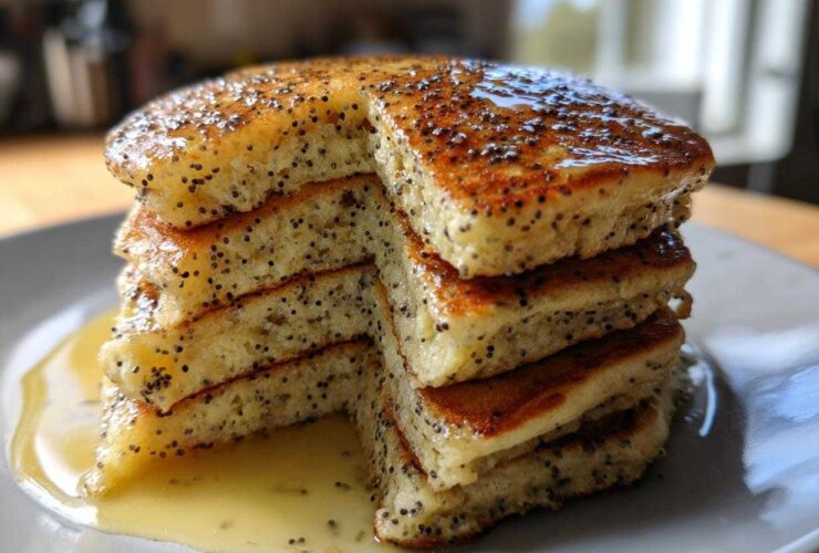 A tall stack of fluffy Vegan Lemon Poppy Seed Pancakes drizzled with lemon syrup.