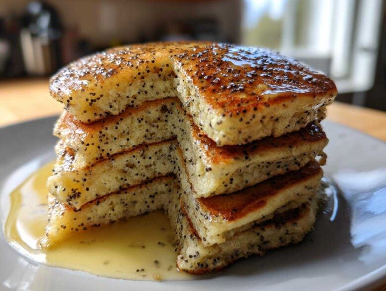 A tall stack of fluffy Vegan Lemon Poppy Seed Pancakes drizzled with lemon syrup.