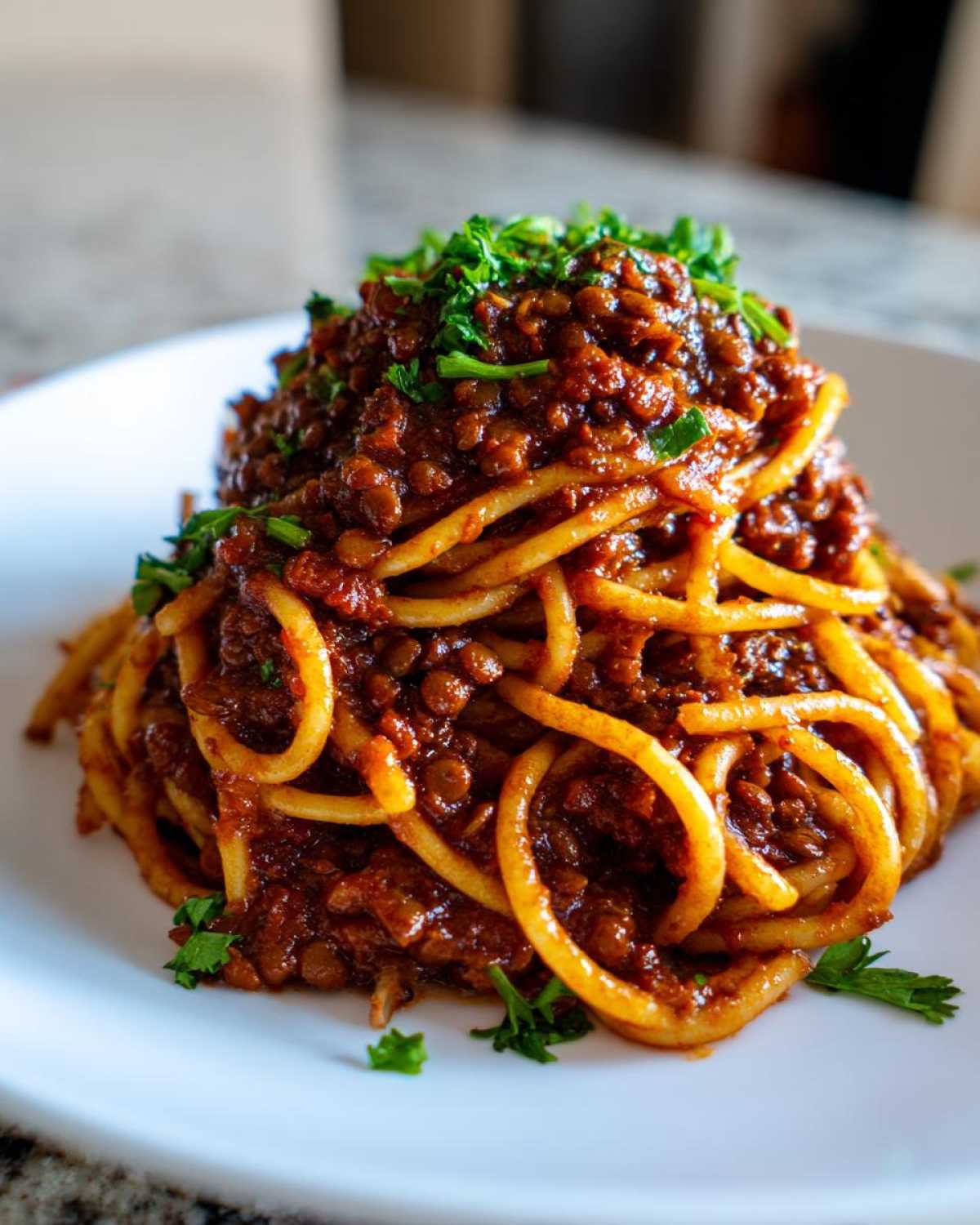 A mound of spaghetti topped generously with rich Vegan Lentil Bolognese sauce and fresh parsley.