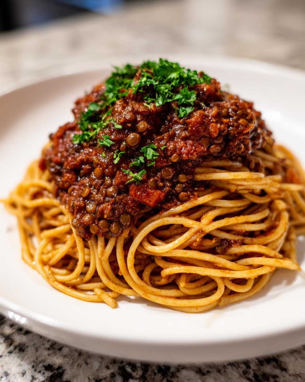 Close-up of spaghetti topped generously with rich Vegan Lentil Bolognese and fresh parsley.