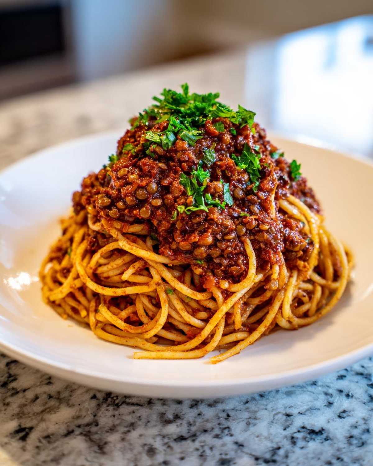 A mound of spaghetti topped high with rich Vegan Lentil Bolognese sauce and fresh parsley.