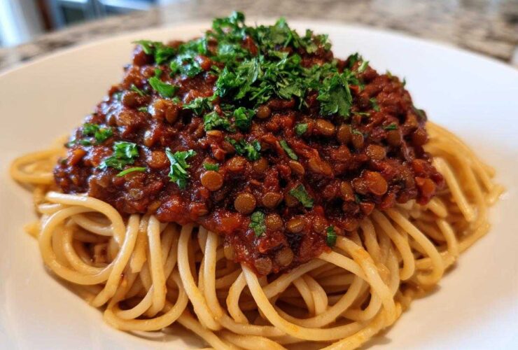 A close-up of a serving of rich Vegan Lentil Bolognese sauce generously spooned over a bed of spaghetti, topped with fresh parsley.