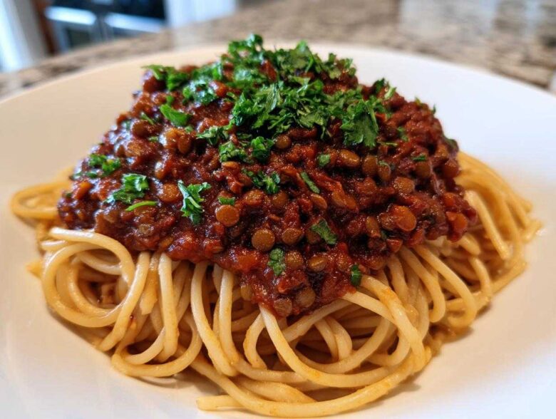 A close-up of a serving of rich Vegan Lentil Bolognese sauce generously spooned over a bed of spaghetti, topped with fresh parsley.