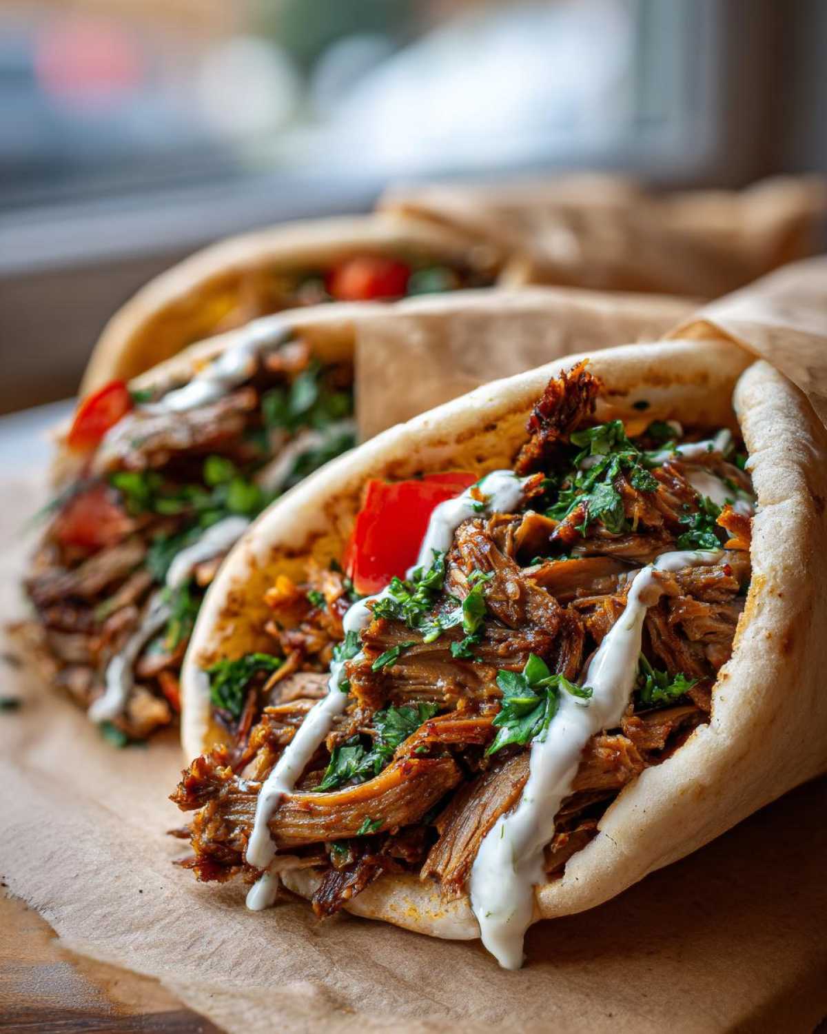 Close-up of a pita stuffed with savory Vegan Mushroom Shawarma, white sauce, and fresh herbs.