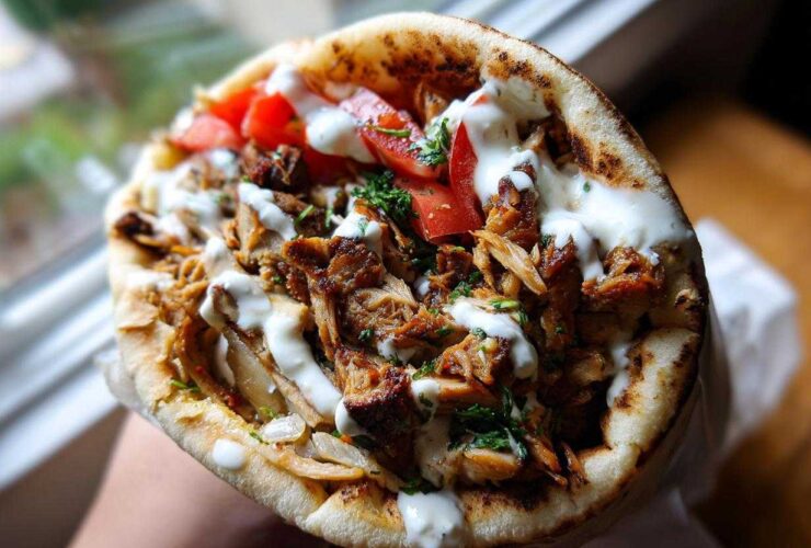 Close-up of a handheld Vegan Mushroom Shawarma stuffed with seasoned mushrooms, tomatoes, and white sauce.