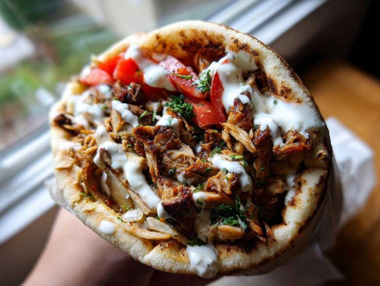 Close-up of a handheld Vegan Mushroom Shawarma stuffed with seasoned mushrooms, tomatoes, and white sauce.
