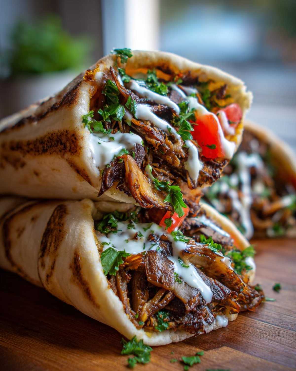 Close-up of two stacked Vegan Mushroom Shawarma wraps filled with seasoned mushrooms, tomatoes, parsley, and drizzled with tahini sauce.