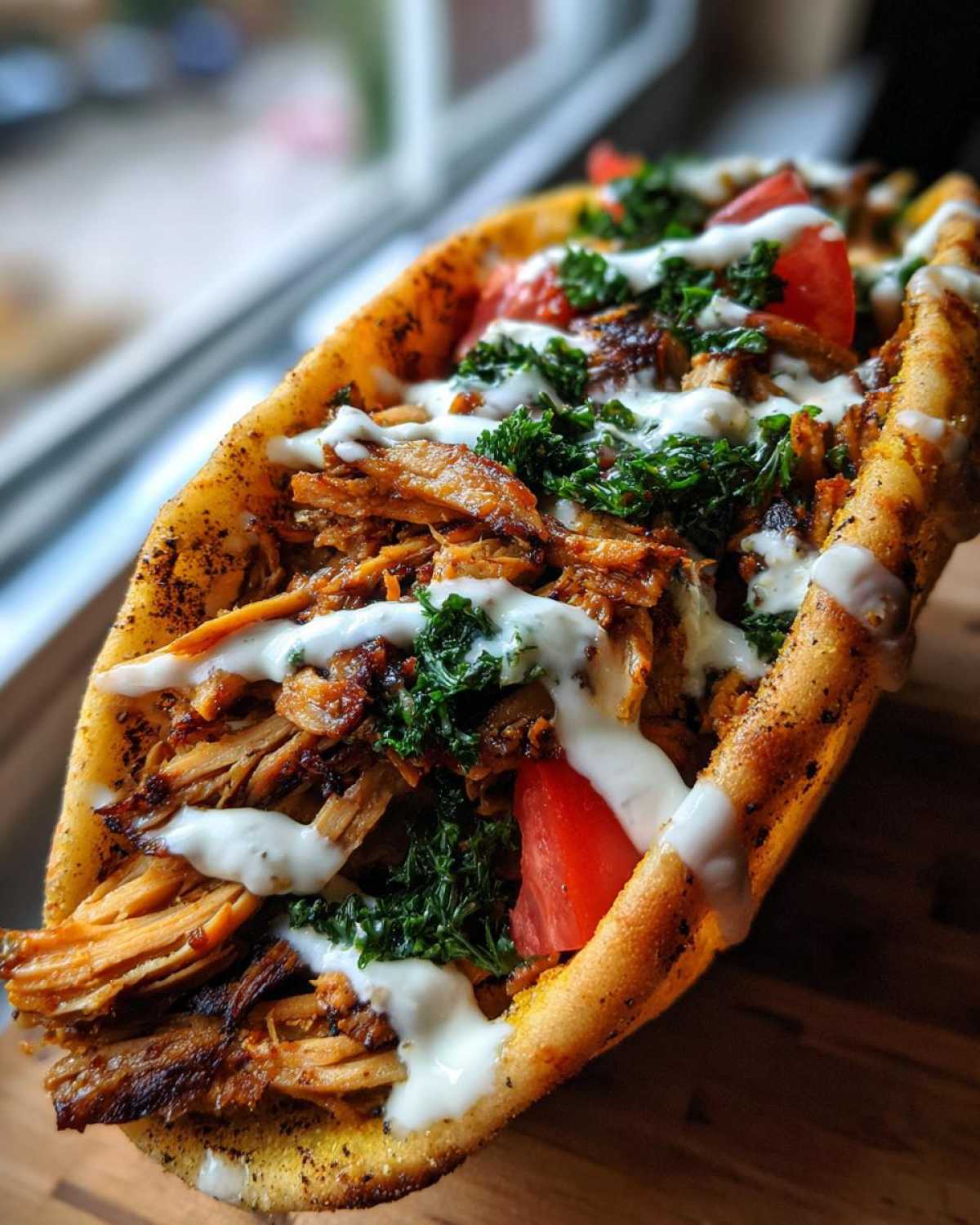 Close-up of a delicious Vegan Mushroom Shawarma stuffed in pita bread with white sauce and greens.
