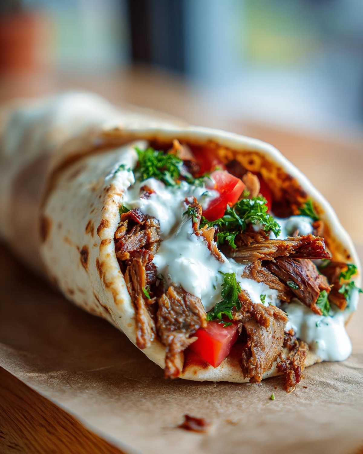 Close-up of a fully loaded Vegan Mushroom Shawarma wrap drizzled with white sauce and topped with fresh parsley.
