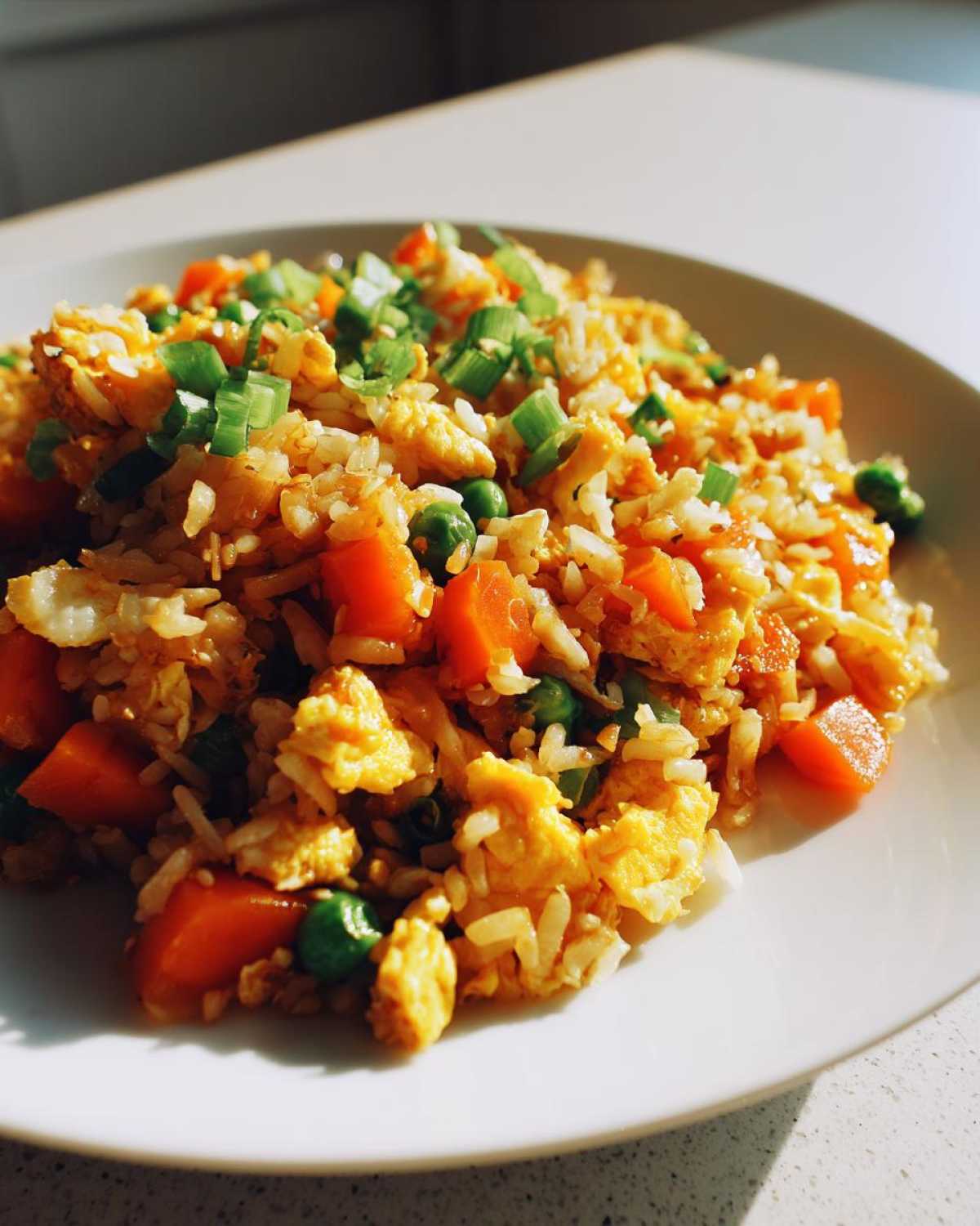 A close-up of healthy Vegetable Fried Rice with carrots, peas, scrambled egg, and green onions on a white plate.
