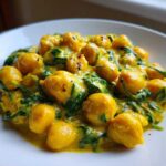 Close-up of a serving of Vegetarian Chickpea Curry with Coconut Milk, featuring yellow chickpeas and wilted spinach in a creamy sauce.