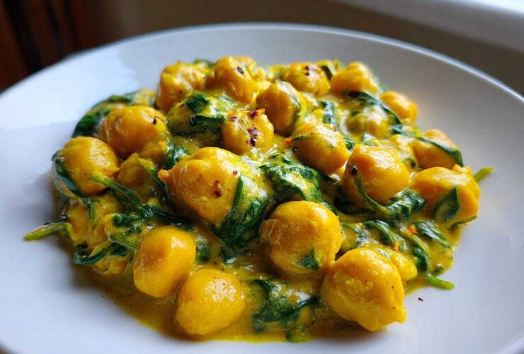 Close-up of a serving of Vegetarian Chickpea Curry with Coconut Milk, featuring yellow chickpeas and wilted spinach in a creamy sauce.