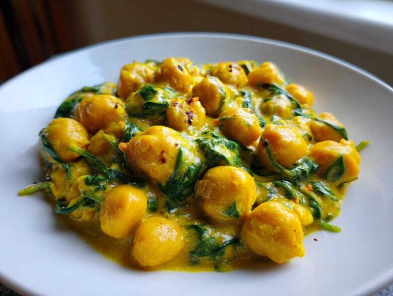 Close-up of a serving of Vegetarian Chickpea Curry with Coconut Milk, featuring yellow chickpeas and wilted spinach in a creamy sauce.