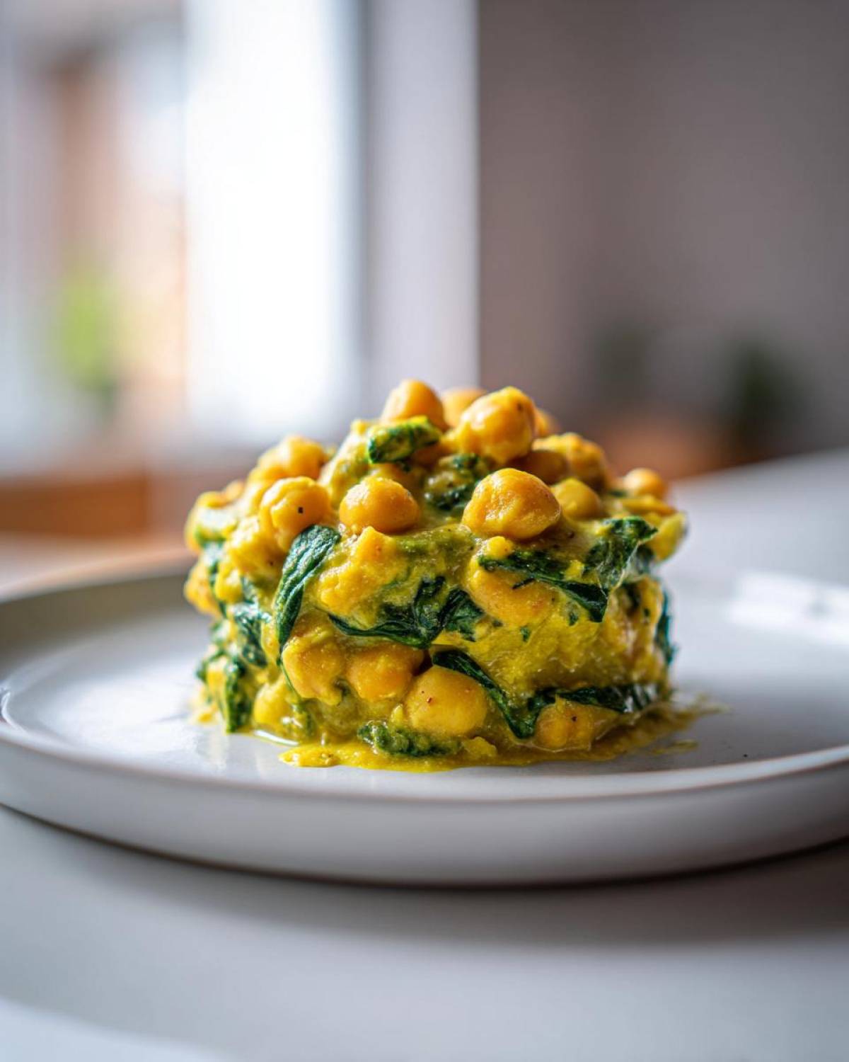 A molded serving of Vegetarian Chickpea Curry with coconut milk and spinach on a light gray plate.