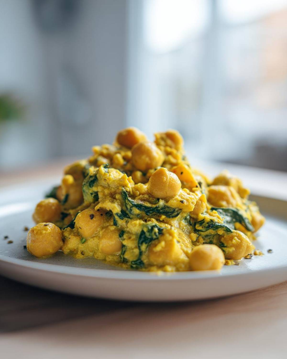 A close-up serving of creamy Vegetarian Chickpea Curry with coconut milk and spinach on a light plate.