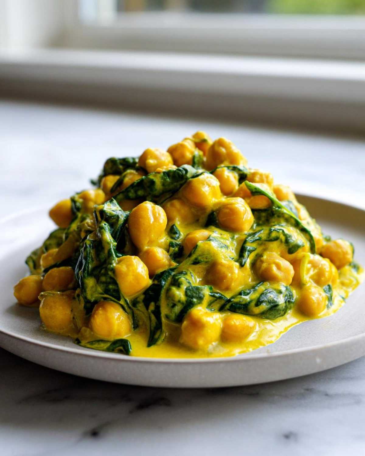 A close-up serving of vibrant Vegetarian Chickpea Curry with coconut milk sauce and wilted spinach on a light plate.