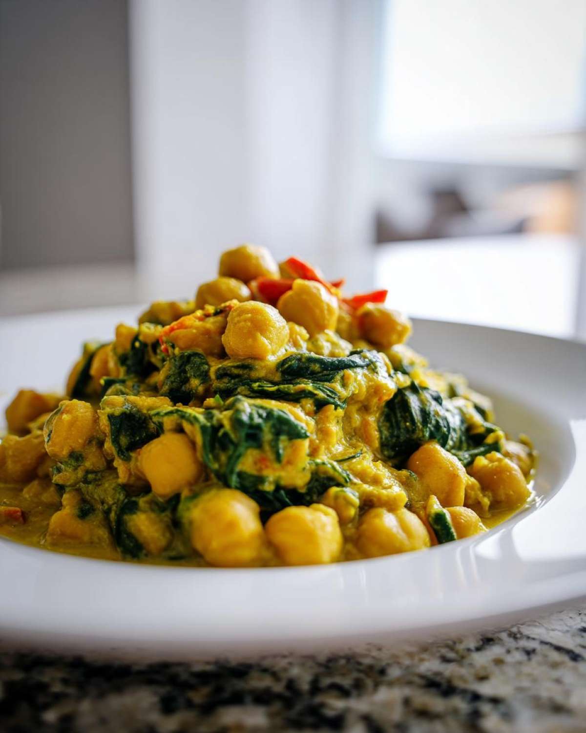 A close-up of a serving of rich, yellow Vegetarian Chickpea Curry with spinach, garnished with red chili slices.