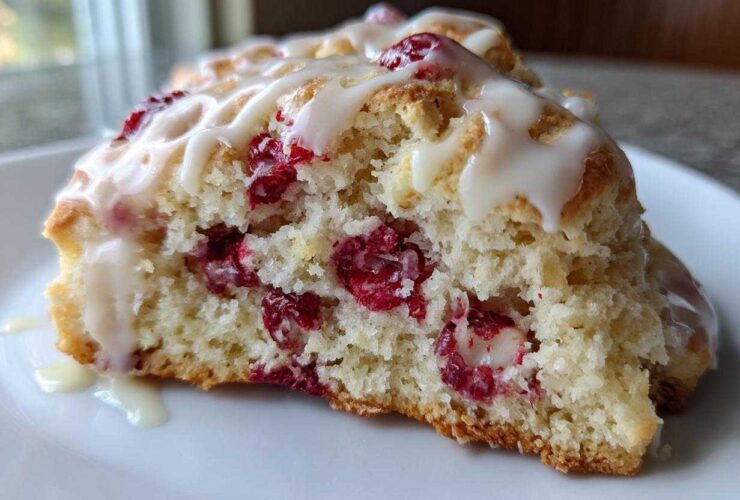 Close-up of a flaky White Chocolate Raspberry Scones half showing bright red berries and white chocolate chunks inside, topped with glaze.