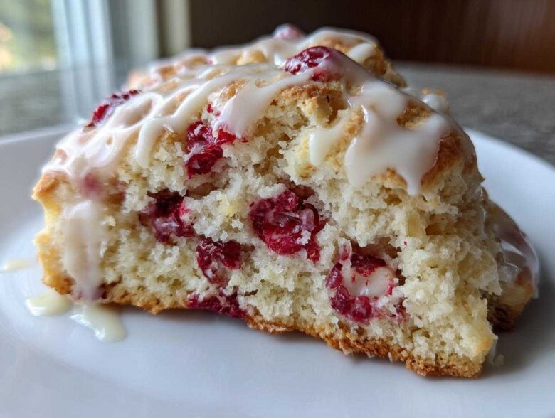 Close-up of a flaky White Chocolate Raspberry Scones half showing bright red berries and white chocolate chunks inside, topped with glaze.
