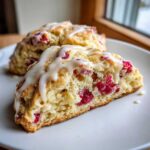 Close-up of a flaky White Chocolate Raspberry Scones slice drizzled with sweet white glaze on a white plate.