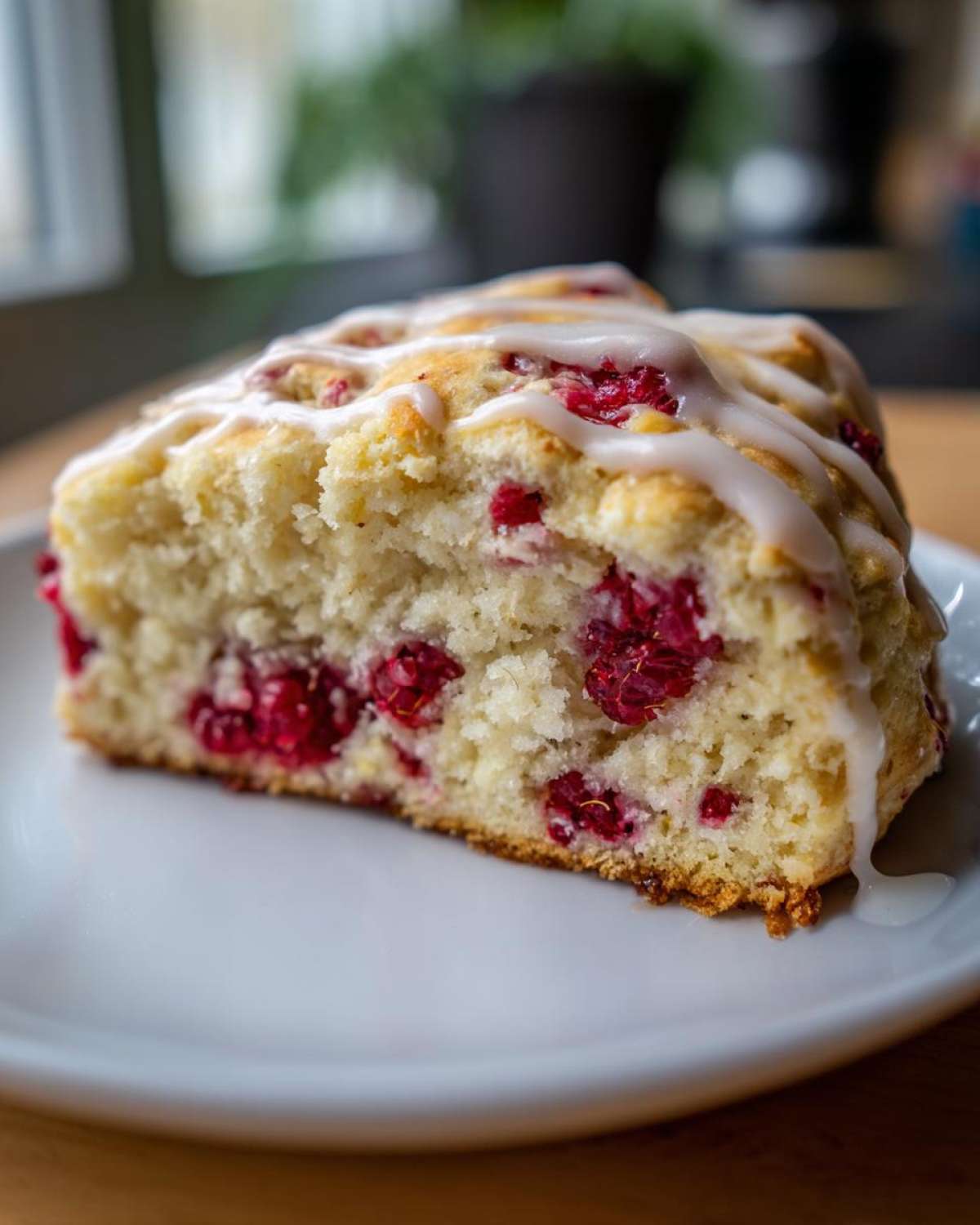 Close-up of a flaky White Chocolate Raspberry Scones slice drizzled with white icing on a white plate.