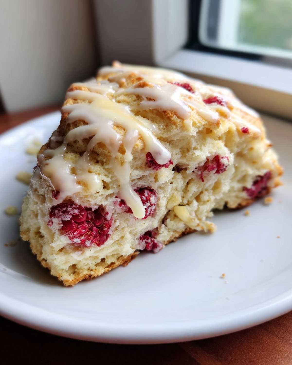 A close-up of a flaky White Chocolate Raspberry Scones slice topped with a sweet white glaze, sitting on a white plate.