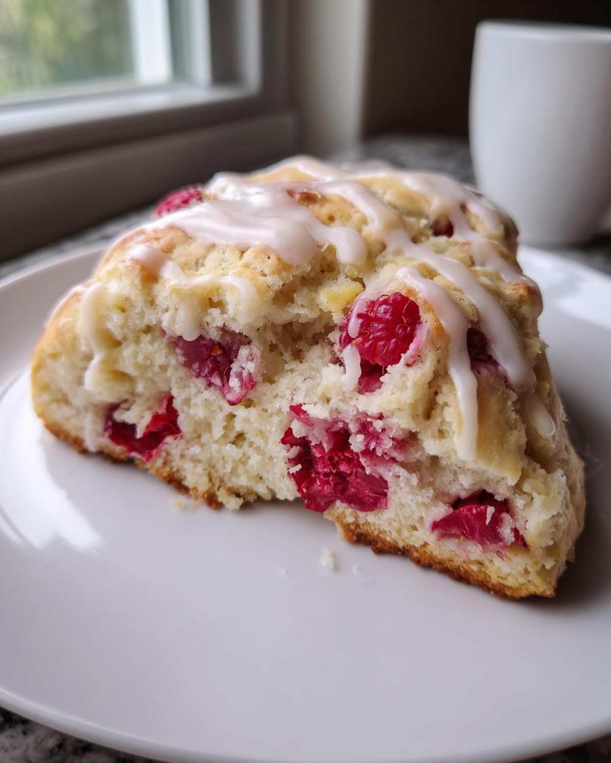 Close-up of a flaky White Chocolate Raspberry Scones slice drizzled with white icing on a plate.