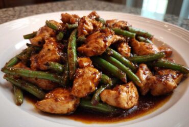 Close-up of glazed chicken pieces mixed with vibrant green beans, served in a rich sauce, highlighting the chicken and green beans dinner.