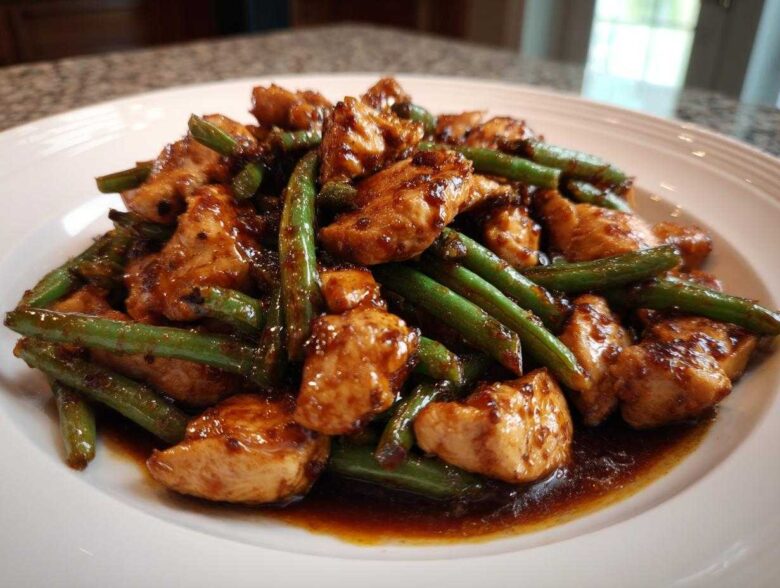 Close-up of glazed chicken pieces mixed with vibrant green beans, served in a rich sauce, highlighting the chicken and green beans dinner.
