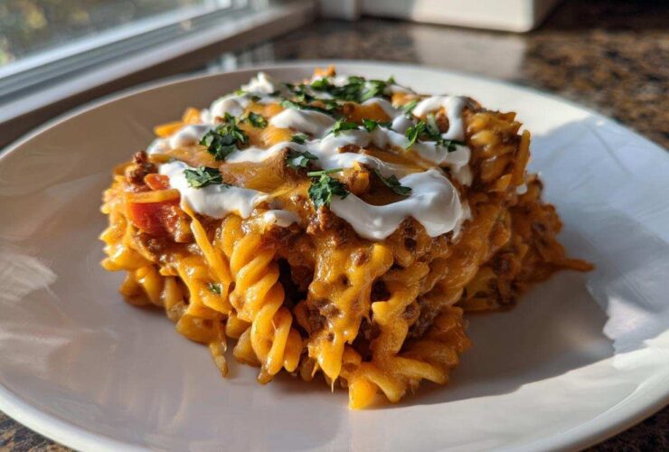 A serving of cheesy taco pasta featuring rotini noodles, ground meat sauce, melted cheddar, sour cream, and fresh parsley.