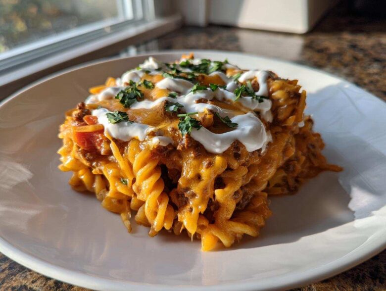 A serving of cheesy taco pasta featuring rotini noodles, ground meat sauce, melted cheddar, sour cream, and fresh parsley.