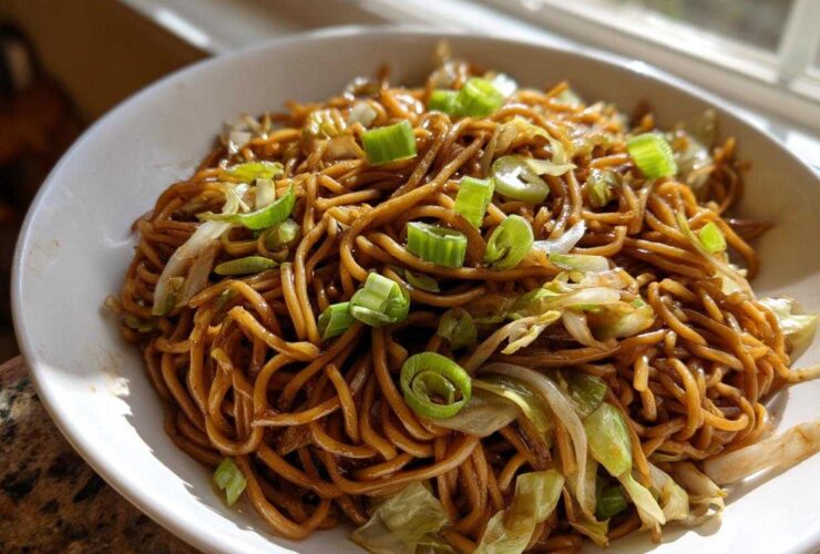 A close-up of a white bowl filled with glossy, brown fried noodles, mixed with cabbage and topped with bright green scallions.