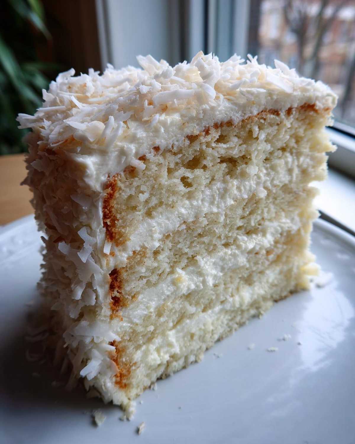 A tall, moist slice of 3-layer coconut cake recipe, covered in white frosting and shredded coconut.