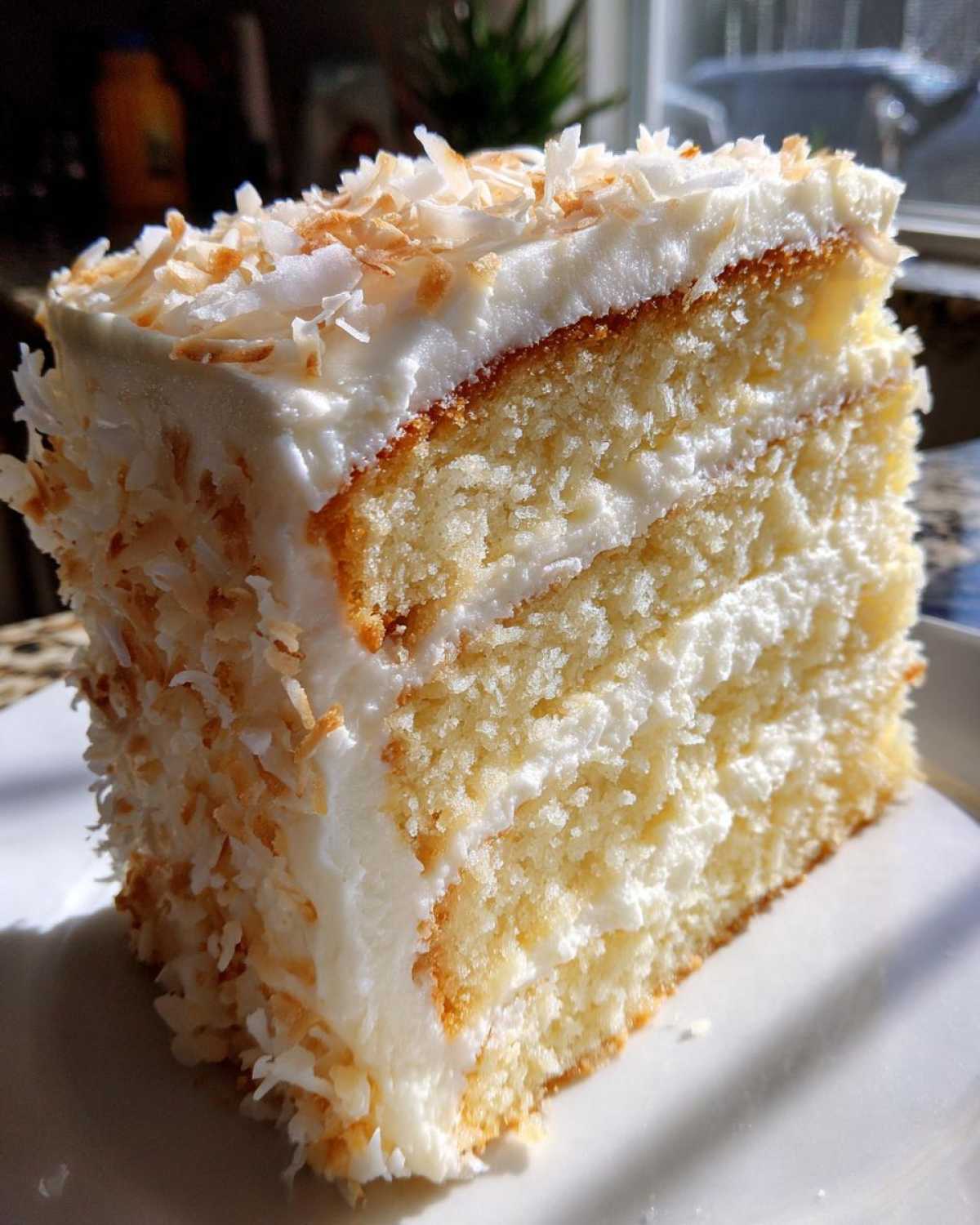 A tall, moist slice of 3 layer coconut cake recipe covered in white frosting and toasted coconut flakes.
