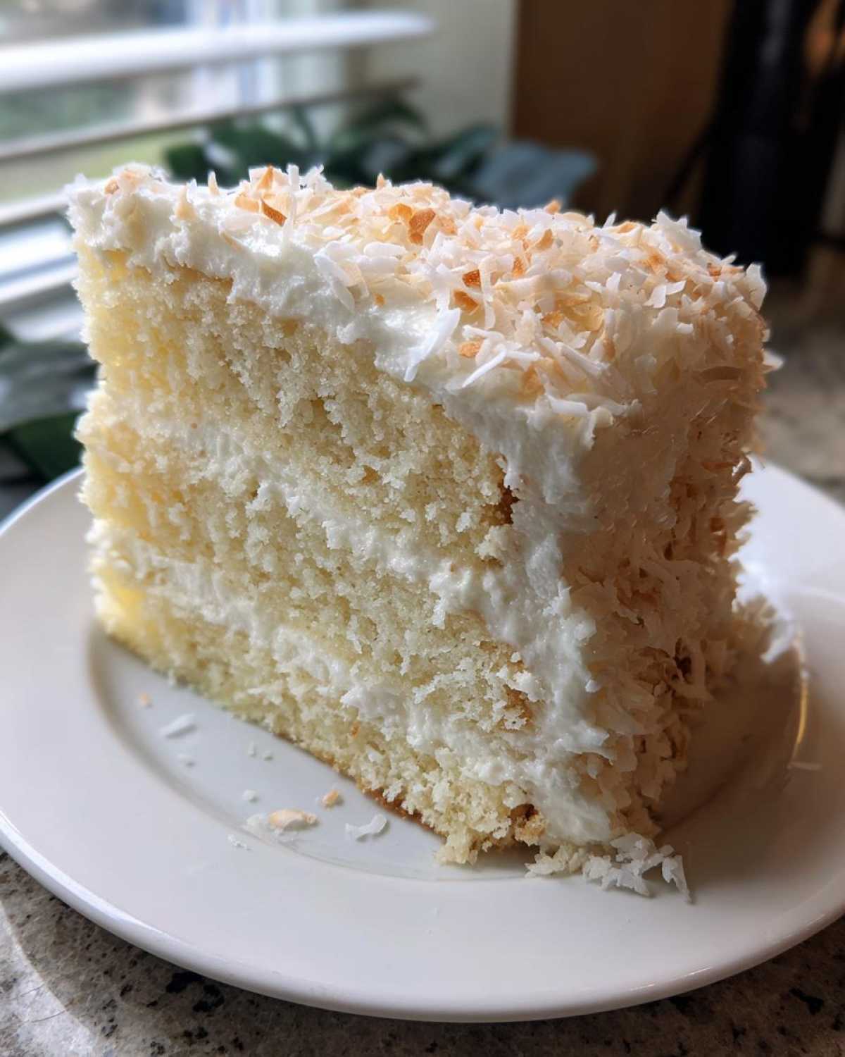 A moist slice of three-layer coconut cake with white frosting and toasted coconut flakes on top.