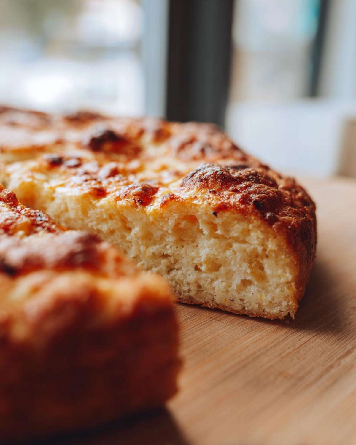 Close-up of the fluffy interior texture of the amazing 4-ingredient keto pizza crust, baked golden brown.