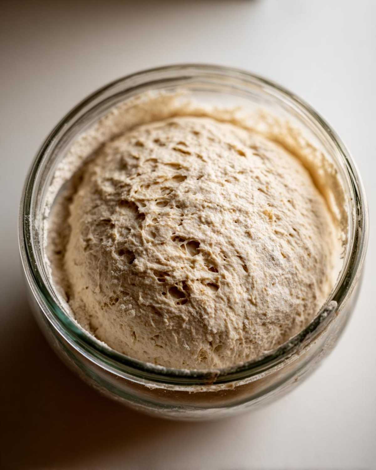 Overhead view of a mature, active sourdough starter that has risen significantly and is full of bubbles inside a clear glass jar.