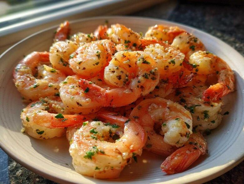 A close-up of cooked, seasoned air fryer frozen shrimp piled on a light-colored plate, glistening with butter and herbs.