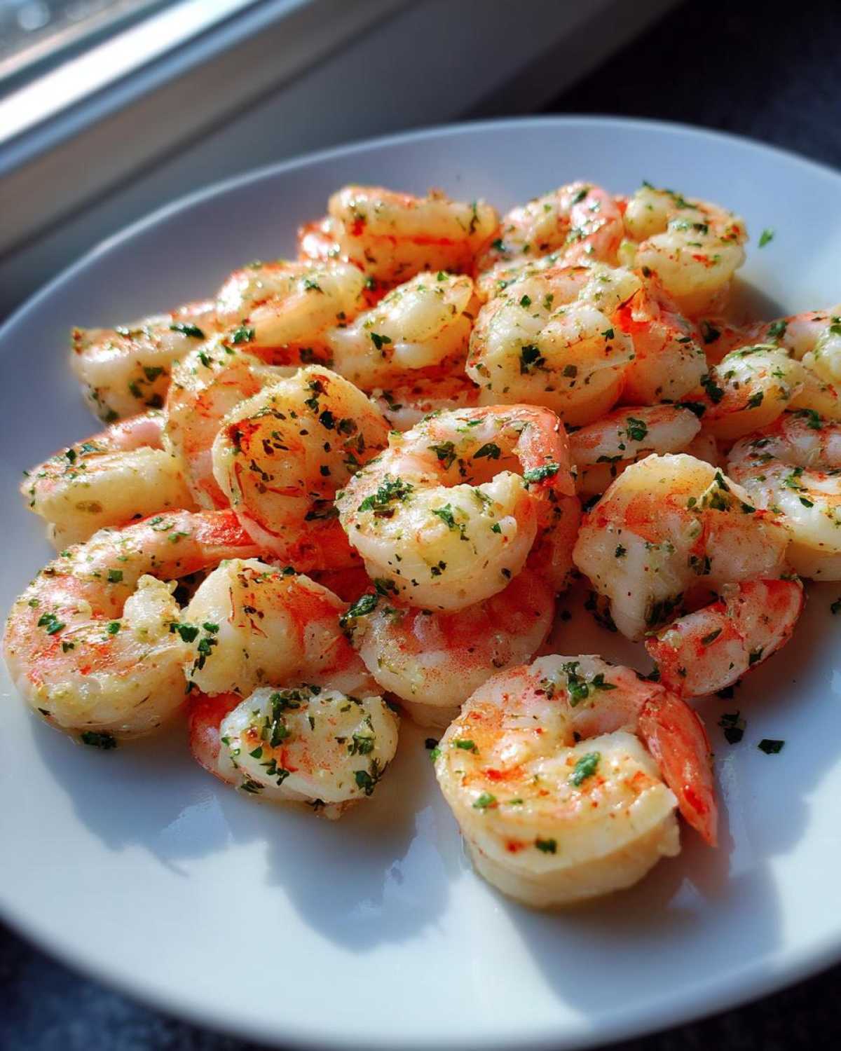 A pile of cooked, seasoned air fryer frozen shrimp garnished with chopped parsley on a white plate.
