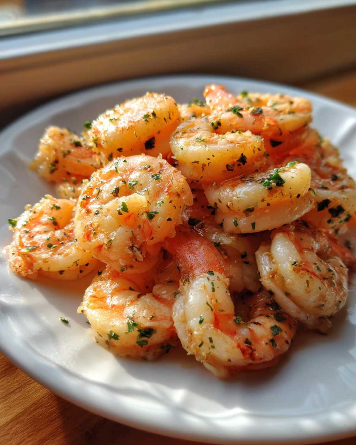 A pile of juicy, seasoned air fryer frozen shrimp, garnished with chopped parsley, served on a white plate.