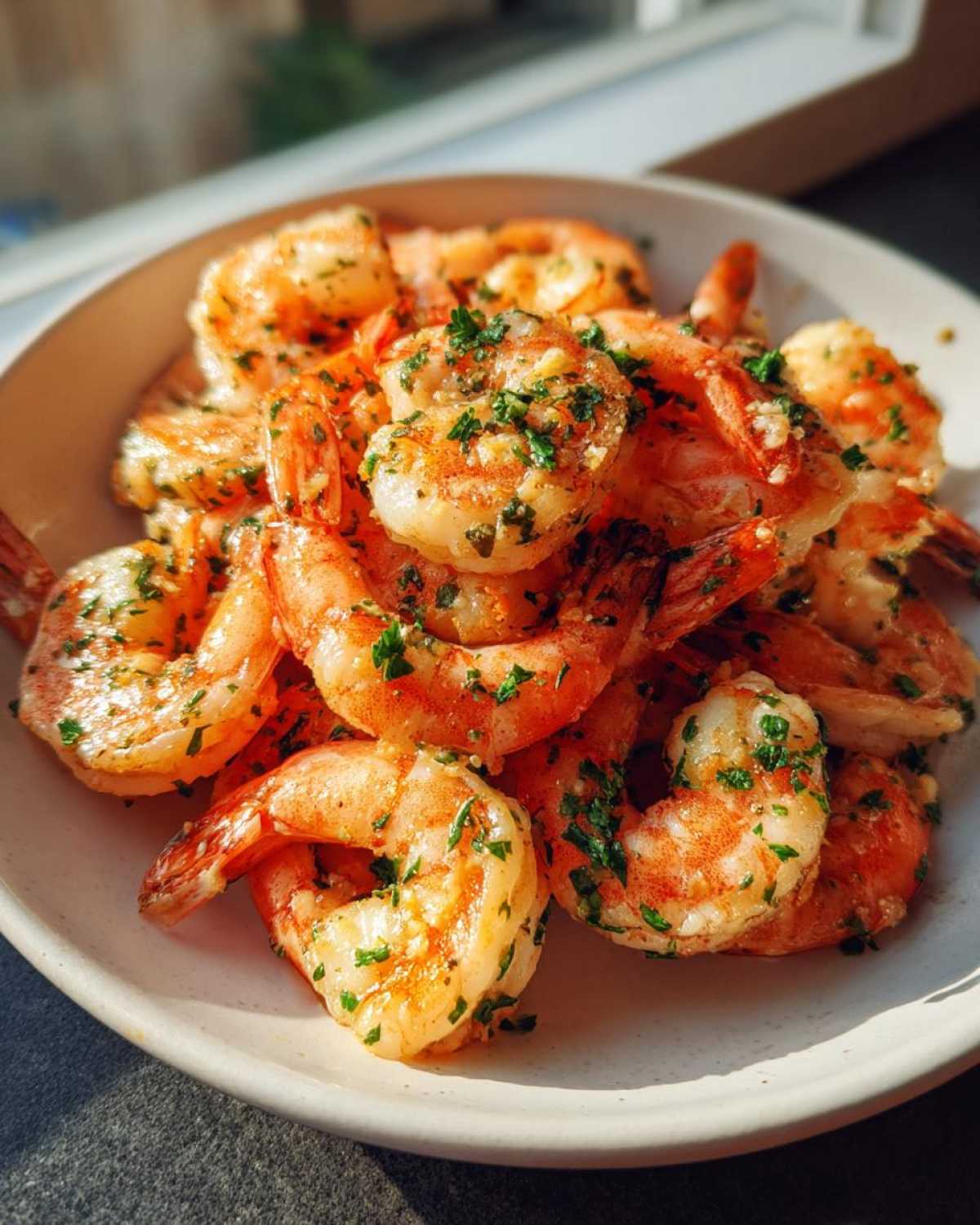 A close-up of cooked, seasoned air fryer frozen shrimp piled high on a light-colored plate.