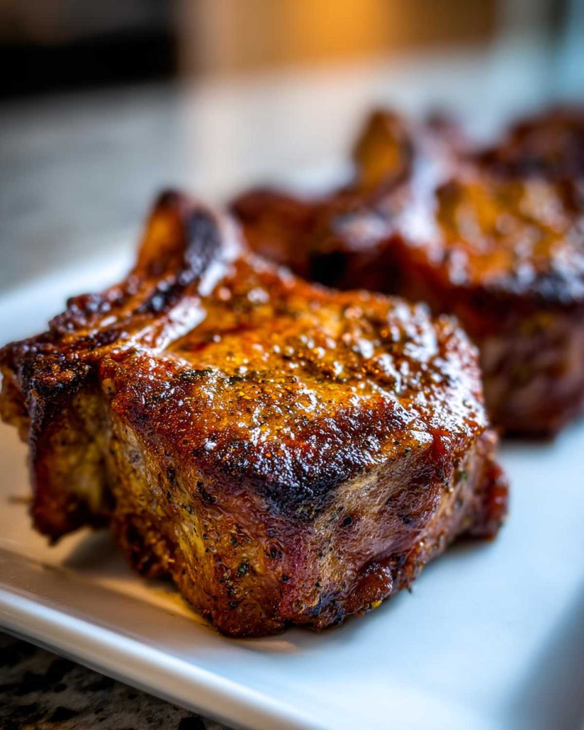 Close-up of a thick, juicy, seasoned air fryer pork chop with a caramelized crust on a white plate.