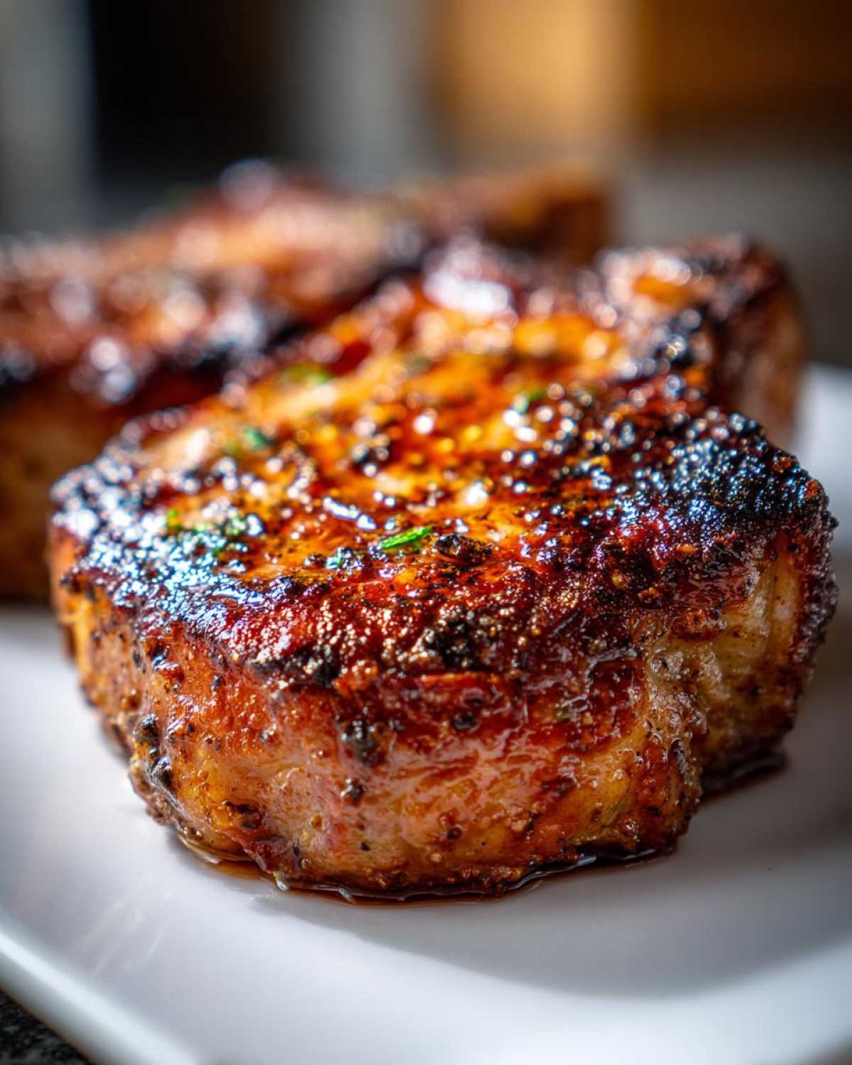 Close-up of a perfectly cooked, juicy air fryer pork chop with a dark, seasoned, and slightly caramelized crust.