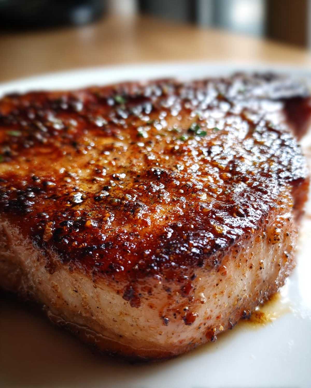 Close-up of a thick, juicy air fryer pork chops with a beautifully caramelized, seasoned crust.