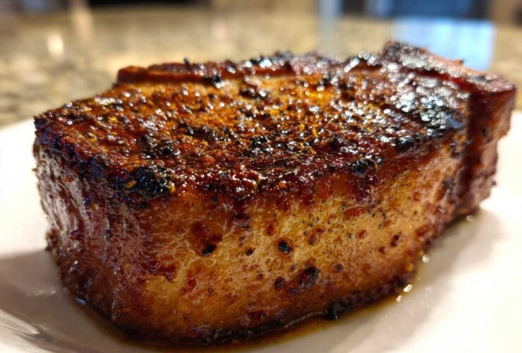 Close-up of a thick, juicy air fryer pork chop with a dark, caramelized, seasoned crust.