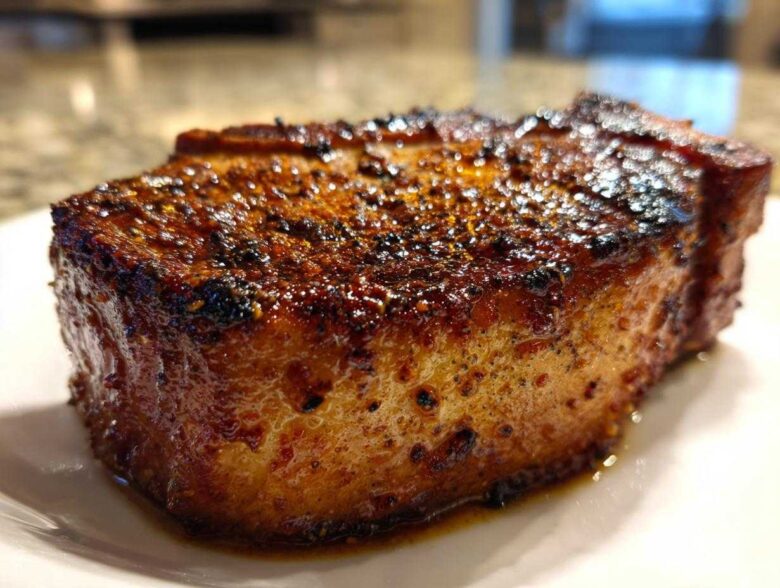 Close-up of a thick, juicy air fryer pork chop with a dark, caramelized, seasoned crust.